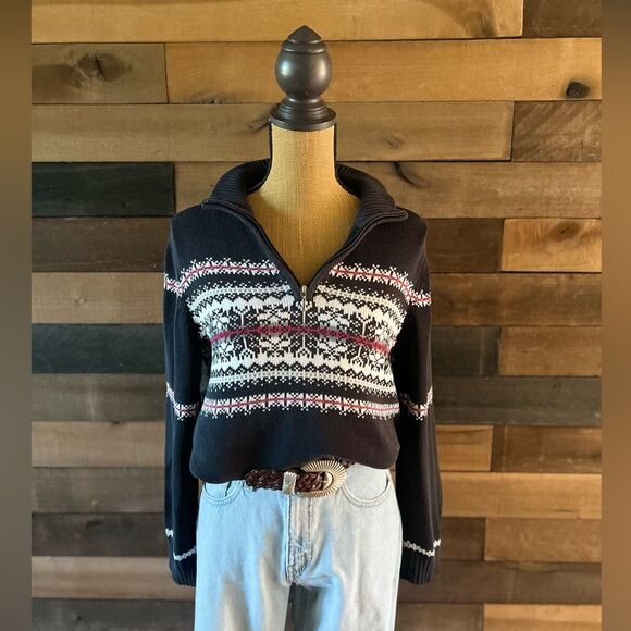 Vintage Croft & Borrow Snowflake Knit 1/4 Zip Black & Maroon Sweater Size Large - Picture 2 of 8